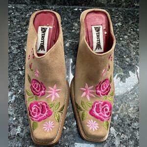 Vintage Riverstone Rosebuds Women’s Brown Leather Suede Western Clogs Y2K Size 9